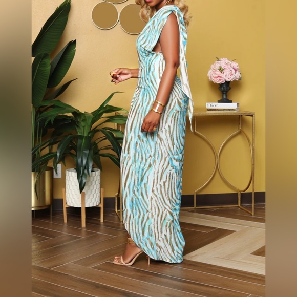 Zebra Print Blue Multicolor One Shoulder Statement Wrap Fashion Dress - Picture 3 of 13